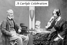 Thomas and Jane Carlyle seated with glass of champagne superimposed between them